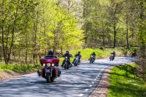 Photo of six motorcyclists riding down tree lined road