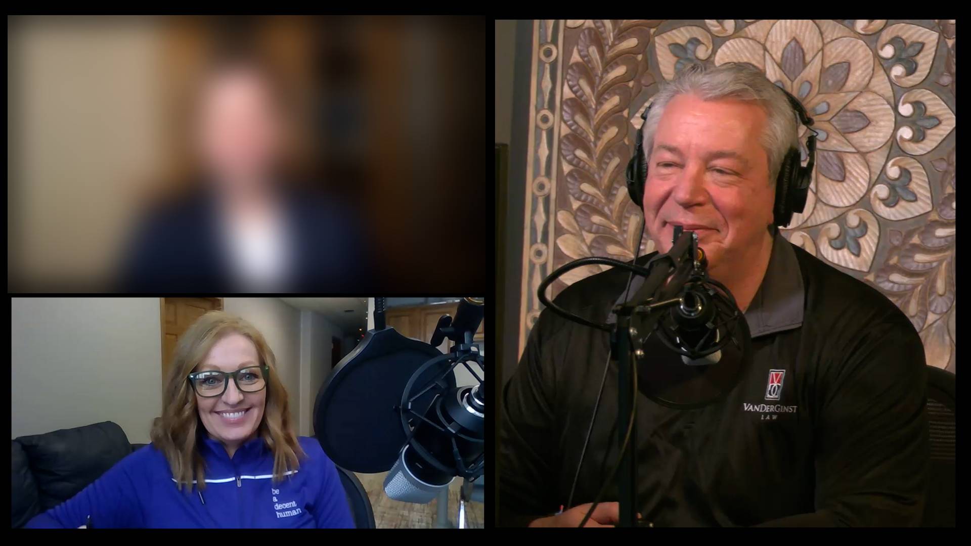 Dennis and Dana in the podcast studio with blurred out guest